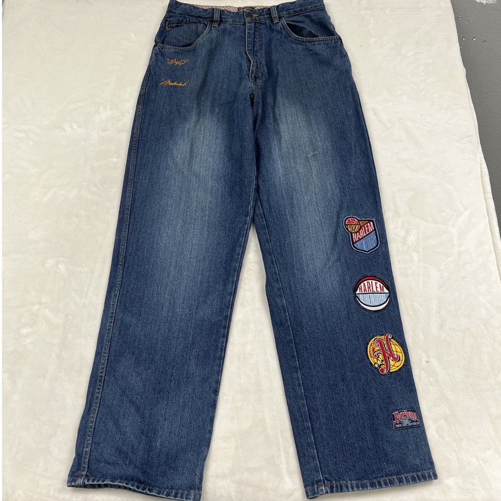 Platinum FUBU Harlem Globetrotters Jeans Mens W34 L34 Blue Patch Streetwear